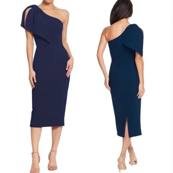Dress The Population Tiffany One Shoulder Midi Dress in Midnight Blue - S - Picture 1 of 9